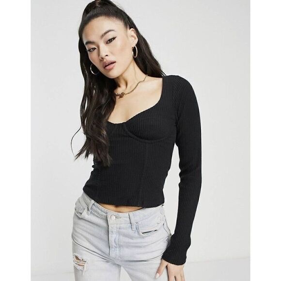 ASOS DESIGN NWT Ribbed Bust Seam Detail Corset Long Sleeve Top in Black Size 6 - Picture 8 of 11